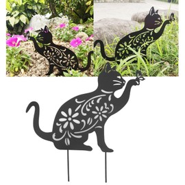 ANKROYU Black Cat Statuette, Metal Cat Garden Ornament Stake, Black Cat Vivid Appearance Hollow, Metal Black Cat Decor for Home Garden Backyard
