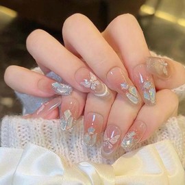 Hkanlre Long Press on Nails Nude Fake Butterfly Cute Nails Tips Full Cover False Coffin Nails for Women and Girls 24PCS