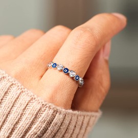 Story Jewellery Sterling Silver Cubic Zirconia Evil Eye Promise Rings for Women, Heart & Evil Eye Ring Band Lucky Protection Jewelry Gifts, Birthday Christmas Valentines Gifts for Women (US Size 07)