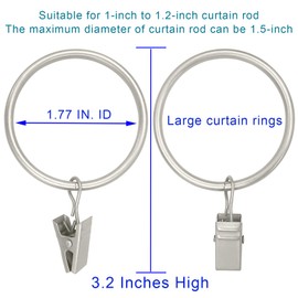 WeeksEight - 20 anillas grandes con clips, clip de metal para cortinas con anillos, abrazaderas para cortinas con ganchos para colgar cortinas pesadas, gorras de tela, anillos de 4,5 cm I D, plata mate