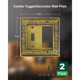 2-Pack Combo Toggle/Decorator Light Switch Cover Plate, Paisley Pattern Decorative Wall Outlet Cover Plate, Antique Brass Electrical Outlet Covers, Metal Wall Switch Plates and Outlet Covers