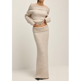 Kwunbwa Skirt Sets Women 2 Piece Outfits Off Shoulder Long Sleeve Sweater Bodycon Maxi Skirt Fall Knit Sweater Set