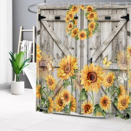 MEUNEAR Western Barn Door Sunflower Shower Curtain with Hooks, Yellow Floral and Butterfly on Brown Wood Shower Curtain Spring Rustic Flower Nature Plant Bathroom Curtains Shower Set,72L X 72W inches