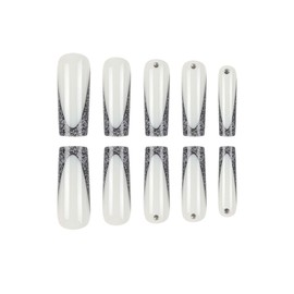 RUOKEXIN French Tip Press on Nails Long Fake Nails Glitter False Nails with Rhinestones Designs Square Glue on Nails Press ons Sparkly Artificial Nails Cute Glue on Nails for Women 24Pcs