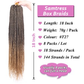 Samtress Box Braids Crochet Hair 18 Inch Ombre Blonde Goddess Box Braids Synthetic 8 Packs 144 Strands Pre-looped Knotless Medium Box Braids 3X Bohemian Braiding Hair Extensions for Women (#T27)