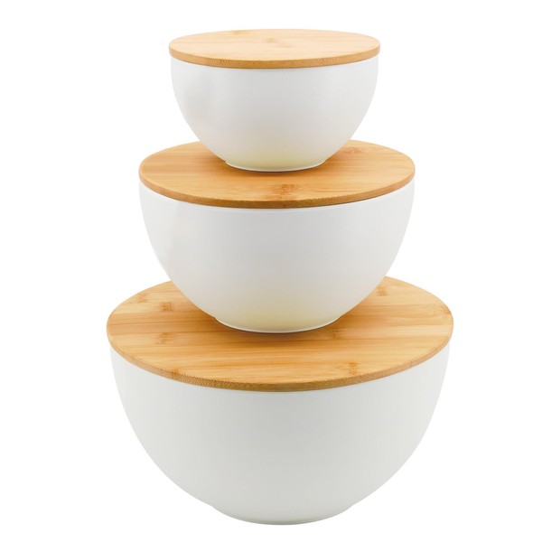 ECOWAY Salad Bowl Set of 3 with Bamboo Wooden Lids,
