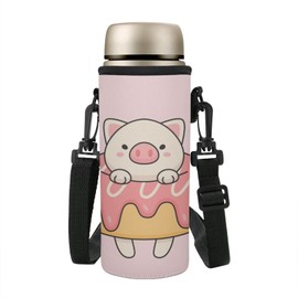 COEQINE Pink Pig Doughnut Print Cute Water Bottle Carrier Bag Adjustable Shoulder Strap for Kids Adult Hiking Walking School Insulated Water Bottle Sling Holder Bag