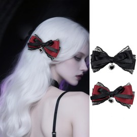 2PCS Lace Hair Bow Clips for Women Black Red Bow Hair Accessories with Heart Charm Designs Cute Lolita Hair Clips Non-slip with Alligator Clip Hairpin for Party Gathering Hair Decoration