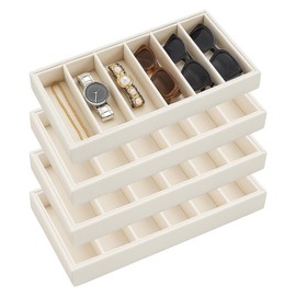 ZILAMGOO 4 Pcs Velvet Glasses Storage Trays – 6-Grid Sunglasses Holder Drawer – Stackable Eyewear Display Organizer for Women, Beige