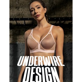 ZeroBound Women's Sports Bra High Impact Lightly Lined Underwire V Neck Full Figure Running Workout Bras Coffee