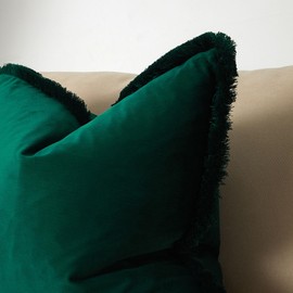 JUSPURBET Forest Green Velvet Throw Pillow Covers 18x18 Inch Set of 2 with Soft Tassel Fringe Luxury Boho Pillowcase for Sofa Couch Bed Home Decor Machine Washable
