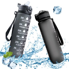 Water Bottle, Water Bottles 1 Litre with Straw and Motivational Time Marker, Tritan BPA Free Sports Water Bottle, Leak-Proof Carry Strap, Perfect for Gym or Outdoor (Black)