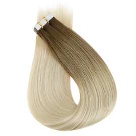 Full Shine Balayage Tape Hair Extensions Remy Human Hair 16 Inch Straight Hair Ombre Color 3 Dark Brown and 8 Fading to 613 Bleach Blonde 50 Gram Double Side Tape Hair Extensions 20 Pieces