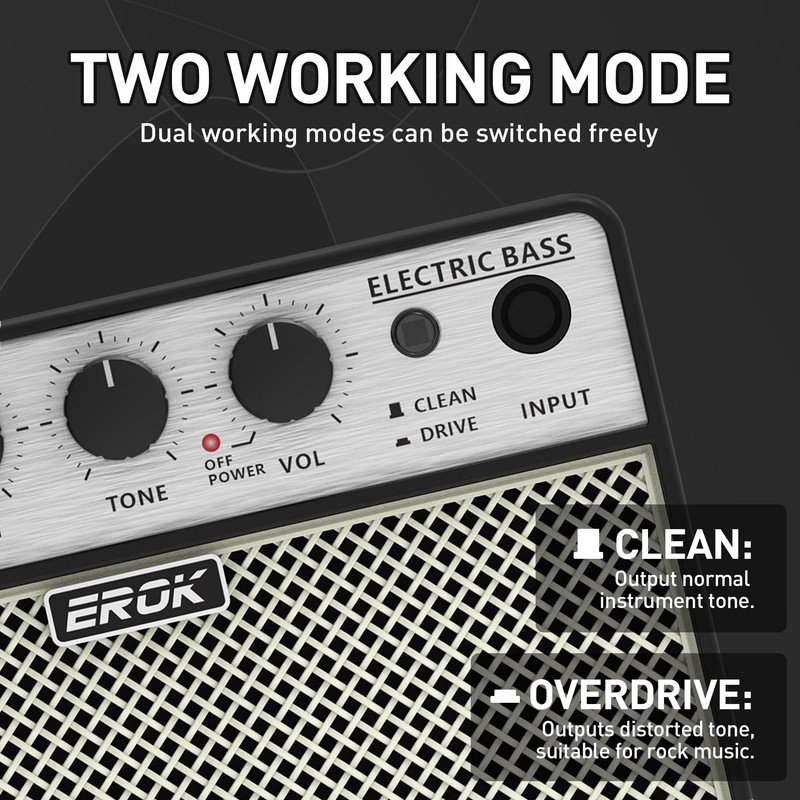 EROK Mini Bass Amp, Portable Amplifier with Clean/Drive Dual Channels,