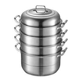 5-Tier Stainless Steel Steamer, 12.8'' Multi-Layer Cookware Pot with Handles on Both Sides, Work with Gas, Electric, Grill Stove Top, Dia-32.5cm, Sliver
