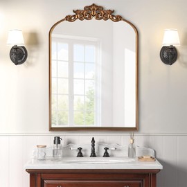 DAOYIJIAJU Gold Traditional Arched Mirror, Antique Brass Mirror, Vintage Ornate Baroque Mirror, Carved Mantel Mirrors for Bathroom Bedroom Entryway Home Decor, 19"x27"