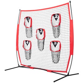 Happybuy 7x7 ft Football Trainer Net, Throwing Target with 5 Pockets, Knotless Net, Frame & Carry Case, QB Accuracy Training, Red, Portable
