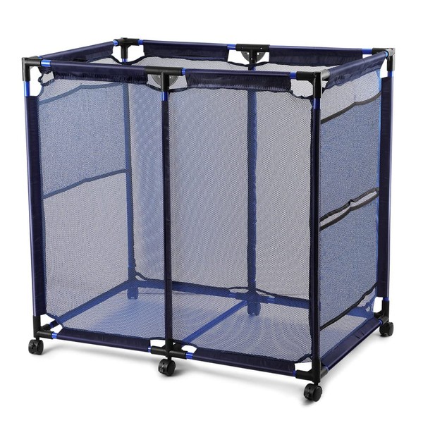 JEFEE Pool Storage Bins Rolling Pool Safety Storage Cart Pool Noodles Organizer Container with Nylon Mesh Basket, for Pool Floats, Balls, Poll Toy Storage, Large Capacity Storage Bins 37.2" L 24.8" W 35.4"H Blue Mesh