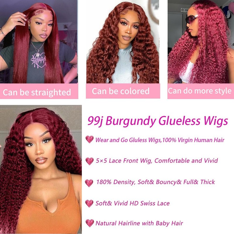 Wighottie 99j Burgundy Deep Wave Lace Front Wigs Human Hair