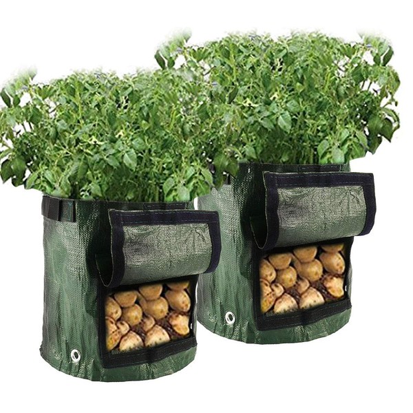 JTWEB 2Pack 10 Gallon Planting Potato Grow Bags Waterproof PE Planter Container Pots with Handle and Flap for Grow Vegetables P