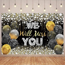 7x5ft Retirement Farewell Party Backdrop Black Gold Ballons Silver Diamonds Photography Background for Graduation Party Decor We Will Miss You Backdrop Banner Bye Office Work Retirement Photo Props
