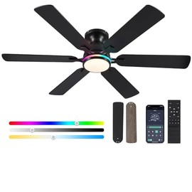 Ceiling Fans with Lights- 52" RGB Low Profile Indoor Ceiling Fan with Light and Remote/APP Control, Flush Mount, 6 Blade, LED Dimmable DC Reversible Modern Ceiling Fan for Bedroom（Black）