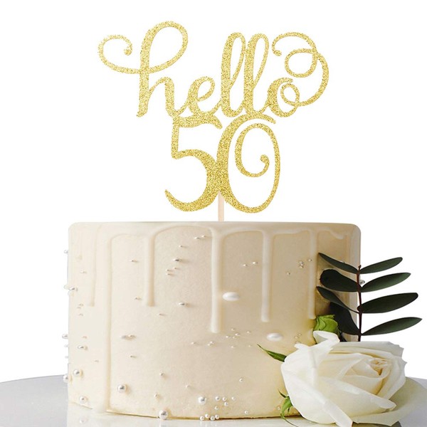 Hello 50 Cake Topper- 50th Birthday / Wedding Anniversary Party Sign Decorations