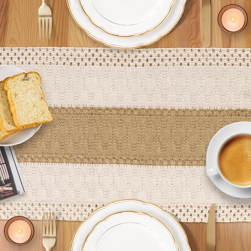 Figarge Macrame Table Runner, Beige Boho Table Runner with Tassels,
