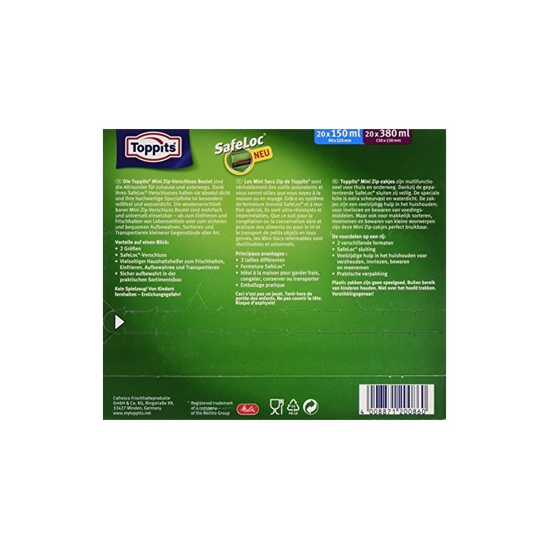 Toppits Mini Zip-Verschluss Beutel, Transparent, 40 Stück (20 x 150