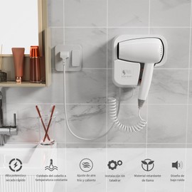 OCCULO Secador de Pelo de Pared. Aire Frío y Caliente Regulable,1600W de Alta Potencia para Secar el Cabello Rápidamente, Secadora de Cabello Muy Adecuado para Hogar，Hoteles y Pensiones (Blanco)