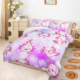 BSNTHO Cartoon Axolotl Kids Comforter, Pink Butterfly Bedding Full for Boys Girls Teens, Soft Lightweight Cute Animal Bed Comforter Set Room Decor, 1 Set 2 Pillowcases