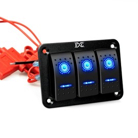 FXC Pre-Wired 3 Gang Rocker Switch Aluminum Panel with 40A Inline Fuse, Waterproof 6-Pin On-Off Car Boat Switch, Blue LED Switch Panel for Marine Boat Automotive RV Truck ATV Vehicles 12V/24V