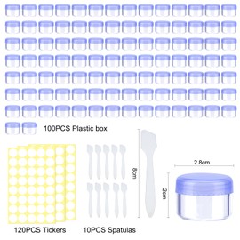 100 Pieces 5ml/5 gram Empty Containers Mini Clear Jar Sample Transparent Cream Cosmetic Bottle Containers with 10 Pieces Mini Spatulas,Label(purple)