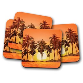 4 Set - Beautiful Orange Sunset Cork Backed Drinks Coaster - Palm Trees Beach #8296