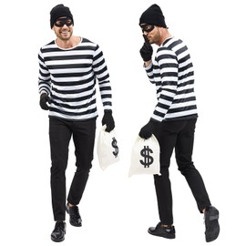 QPAXUCR - Juego de 5 piezas de disfraz de ladrón, playera de rayas blancas y negras con máscara, guantes, bolsa, gorro para Halloween (S)