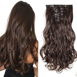 8Pcs 18Clips Full Head Clip in Hair Extensions Long Curly Synthetic Thick Hair Extension Ombre Wavy Hairpiece for Women 24" Dark Brown