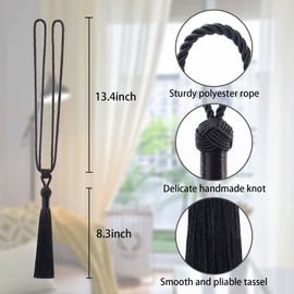 Pretty Jolly 2 Pack Long Tassel Curtain Tiebacks Handmade Braided Rope Knot Drape Tie Backs European Style Decorative Curtain Holdbacks for Home & Office Window Drapery (Black)