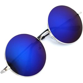 Round Retro Vintage Circle Sunglasses Metal Silver Frame Blue Mirror Lens 56 mm