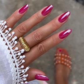 Hot Pink Chrome Press on Nails Medium Almond, KQueenest Iridescent Stiletto Fake Acrylic Nails With Holographic Mirror Effect Pearlescent Medium Glue on Nails False Nails Press ons for Daily Wear