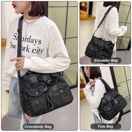 Tote Bags for Women, Large Capacity Top Handle Shoulder Handbag Travel Tote Purse with Multi Pockets & Zipper, Waterproof Nylon Crossbody Tote Bag for Work, Office, Travel, Casual (Letter - Black)