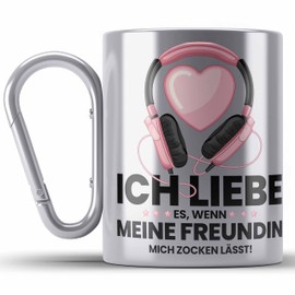 Trendation - Gamer Gift Girlfriend Gamer Gamer Headset Graphic Stainless Steel Cup Carabiner Gift Idea Stainless Steel Cup Carabiner Funny Gaming (Silver)