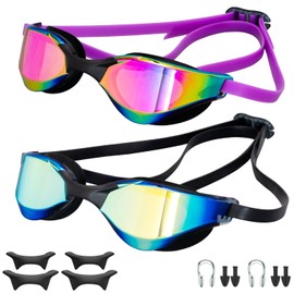 Lychico Swimming Goggles (2 Pack), Long-lasting Anti Fog Swimming Goggles for Adult Men Women, No Leakage with Nose Clip Earplugs, Black/Purple