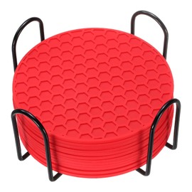 uxcell 12 Pcs Silicone Coasters with Holder, 4 Inch Round Coaster for Drink, Non-Slip Non-Stick Heat Resistant Place Mats Washable for Cups Tabletop Protection Table Decor, Red