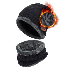Aisprts Wintermütze Beanie Schal Set Thermische Strickmütze Wintermütze und Loop Schal mit Fleece Futter für Herren und Damen, Unisex Winter Warme Set, Schwarz, Einheitsgröße
