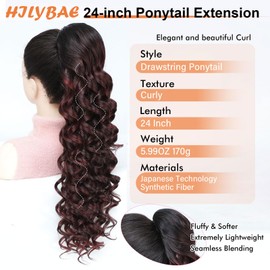 HILYBAE Ponytail Extension, Drawstring Ponytail for Black Women, 24Inch Long Curly Pony Tails Hair Extensions, Natural Synthetic Hairpiece Fluffy Ponytail for Daiy Use (Mixed Red)
