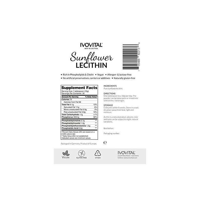 Sunflower Lecithin Powder, IVOVITAL®, Non-GMO and Soy Free (1200 g)