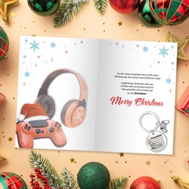 DPKOW Grandson Gamer Christmas Card Keyring Gifts, Funny Grandson Christmas Card Xmas Keyring for Grandson Christmas Xmas Gifts, Christmas Greeting Card with Envelope, Christmas Keyring Birthday Gifts