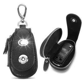 Car Key Cover Genuine Leather Car Key Fob Case for Universal Car Keys, Black Car Key Chain Keychain Holder Metal Hook and Keyring Zipper Bag for Remote Key Fob