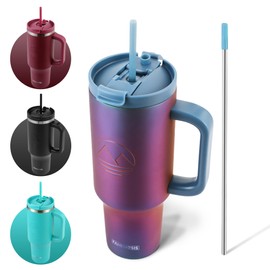 Vaso de 40 onzas con asa y pajita | Vaso de acero inoxidable con aislamiento al vacío para bebidas frías y calientes | Botella de agua reutilizable con vaso de doble aislamiento y pajita - Violeta