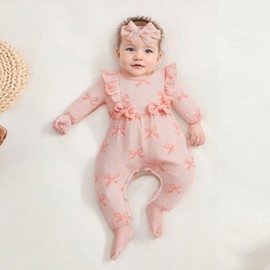 Baby Girl Clothes Set Long Sleeve Bow Print Ruffle Bow Romper with Headband Newborn Girls Outfits (Pink, 0-3 Months)